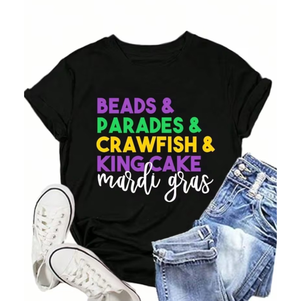 Beads, Parades, Crawfish & King Cake Mardi Gras Black Short Unisex Sleeve Tee - Picture 3 of 4